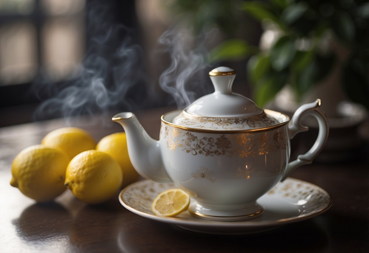 A steaming teapot pours lady grey tea into a delicate china cup, while a slice of lemon hovers over a steaming cup of earl grey tea
