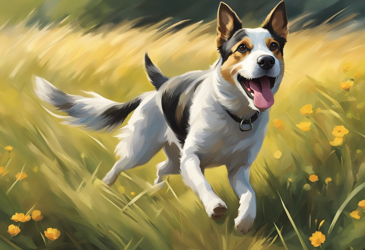 A dog running through a field, tongue out, tail wagging, with a bright and happy expression