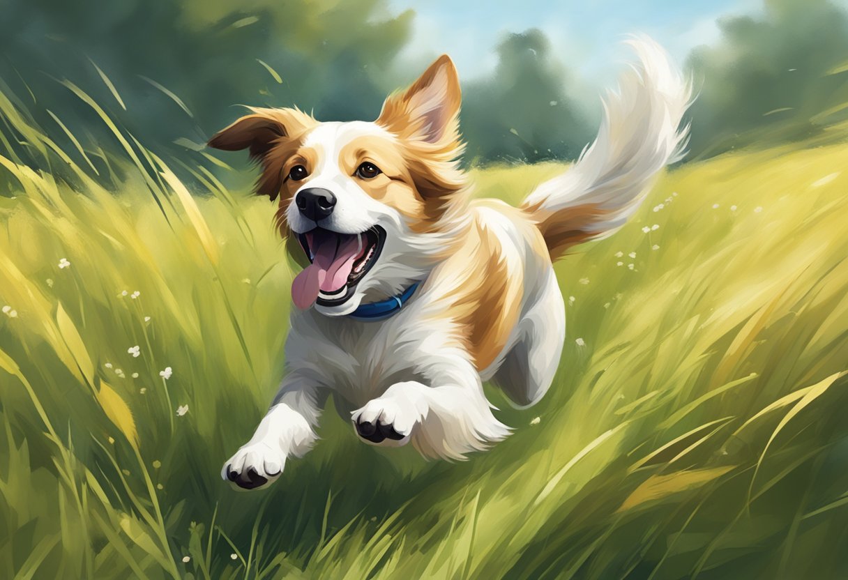 A lively dog bounds through a grassy field, tail wagging and tongue lolling, exuding joy and energy