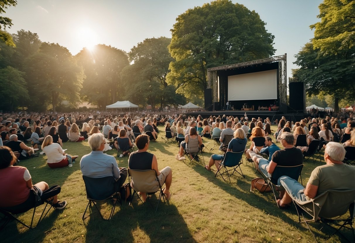A bustling park with a stage set up for Shakespeare performances, surrounded by a diverse crowd of eager spectators enjoying the open-air entertainment