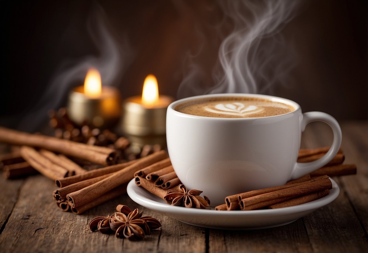 A steaming mug of chai tea latte surrounded by cinnamon sticks, cardamom pods, and a sprinkle of nutmeg on a rustic table