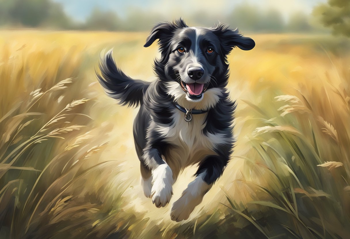 A dog running through a field, with a blur of motion and excitement in its eyes, ready to play and explore