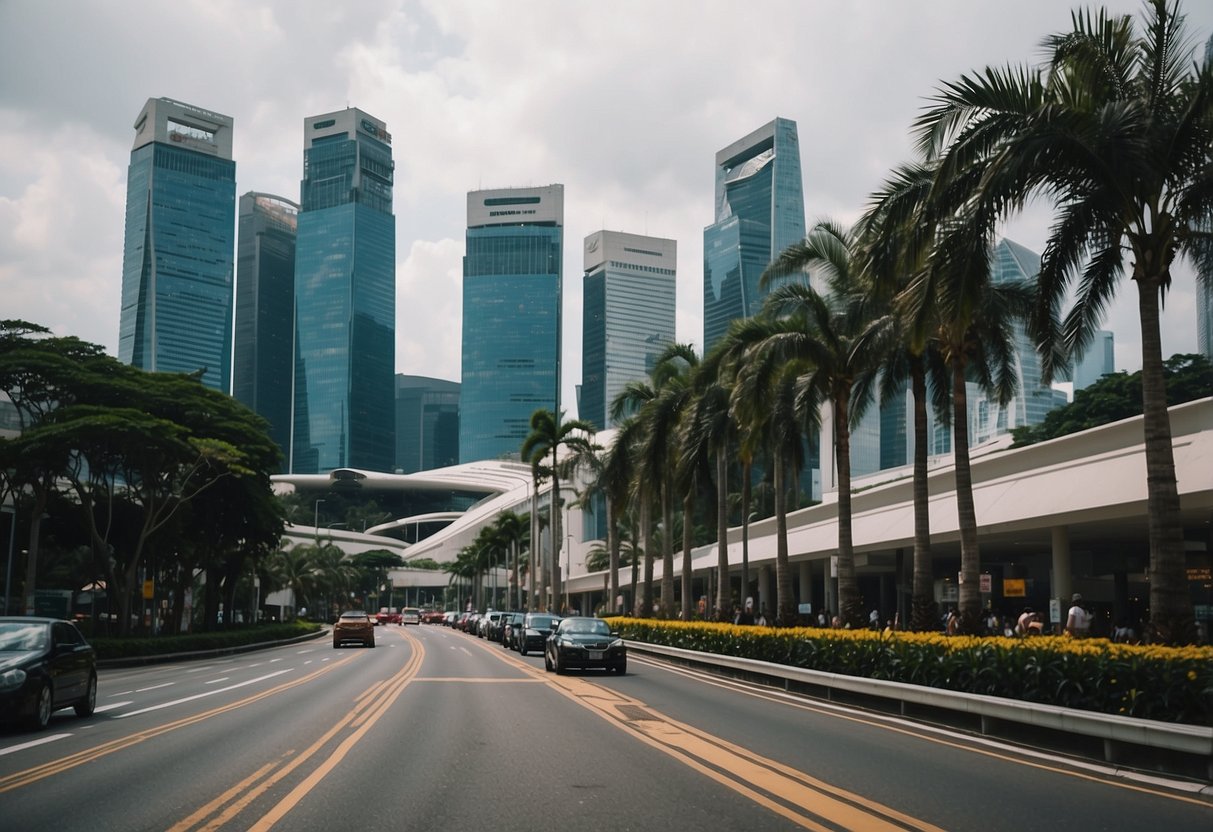 A bustling street in Singapore with colorful buildings, palm trees, and bustling traffic. The iconic Marina Bay Sands hotel stands tall in the distance