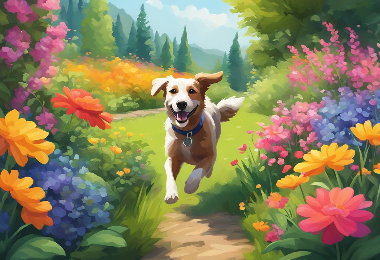 A vibrant, lush garden with a playful dog running through fields of colorful flowers and vibrant green foliage