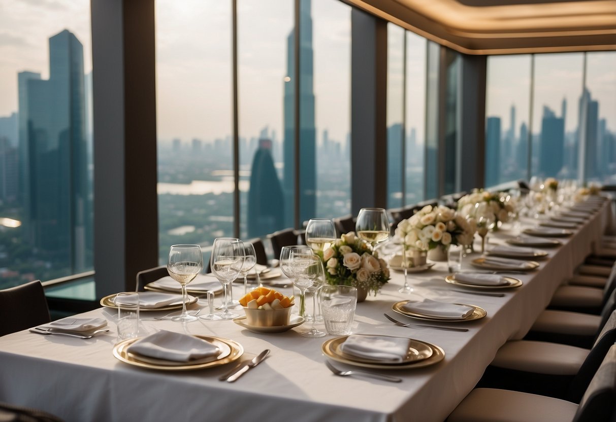 A table set with elegant dinnerware, overlooking a panoramic city view through floor-to-ceiling windows at Jaan by Kirk Westaway in Singapore