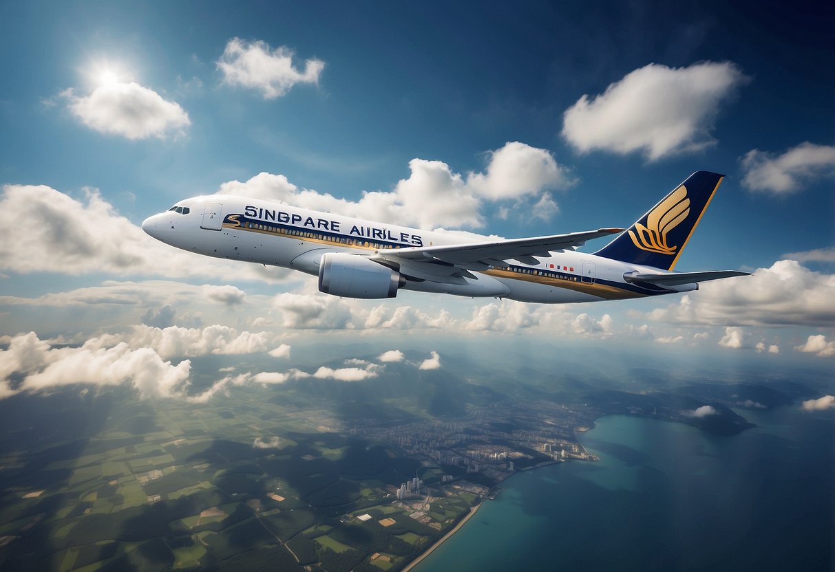 The Singapore Airlines logo, a stylized bird, is set against a backdrop of a deep blue sky with wispy white clouds, conveying a sense of freedom and travel