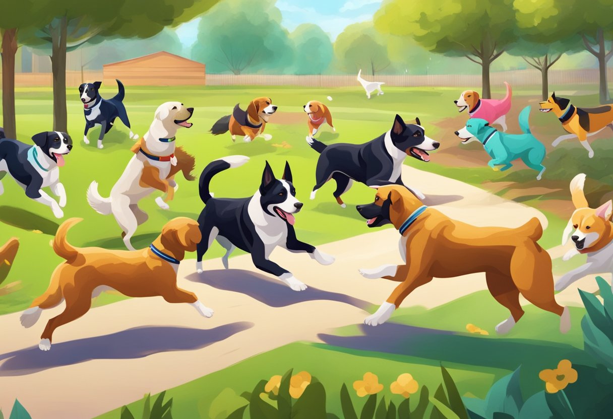 A group of lively dogs playing and chasing each other in a vibrant and colorful dog park