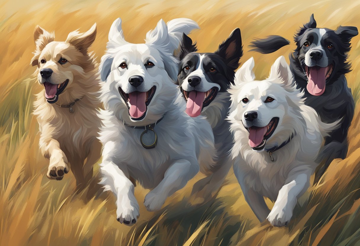 A pack of dogs running through a field, tongues hanging out, tails wagging, and ears flopping in the wind
