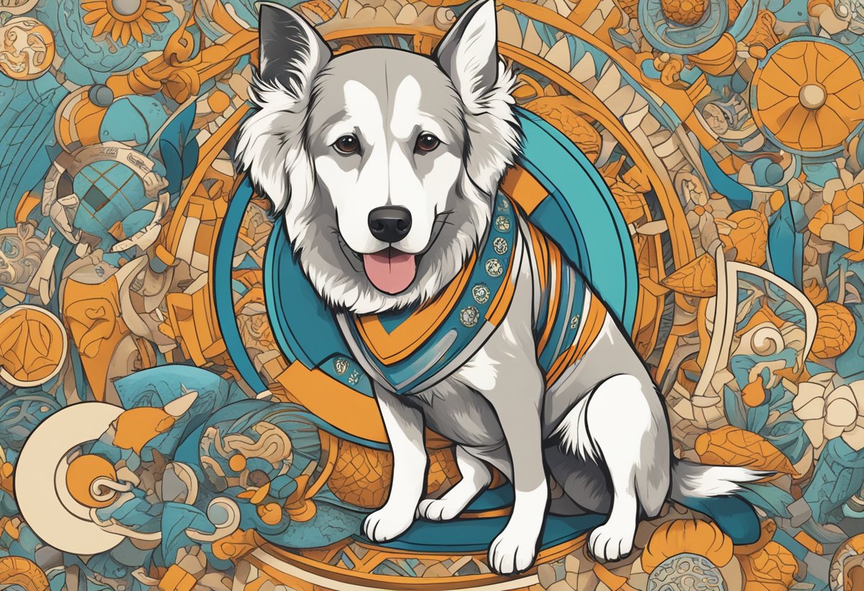 An energetic dog surrounded by cultural symbols and language influences