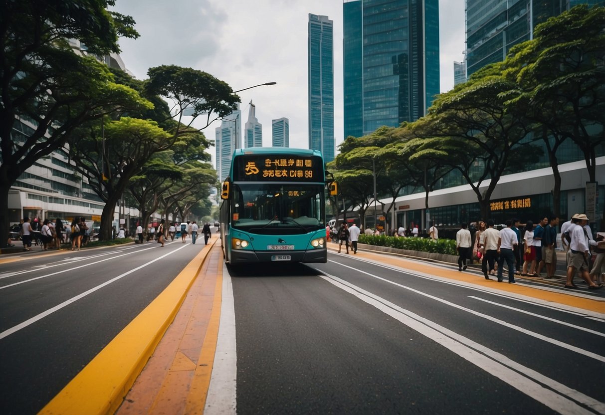 A bustling Singapore bus stop with colorful signs, crowded benches, and a steady flow of commuters and buses