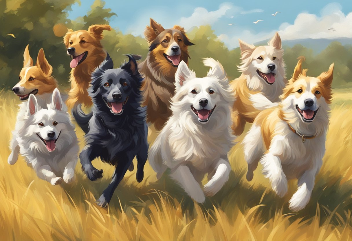 A pack of lively dogs frolic in a sun-drenched field, their tails wagging enthusiastically as they playfully chase after each other