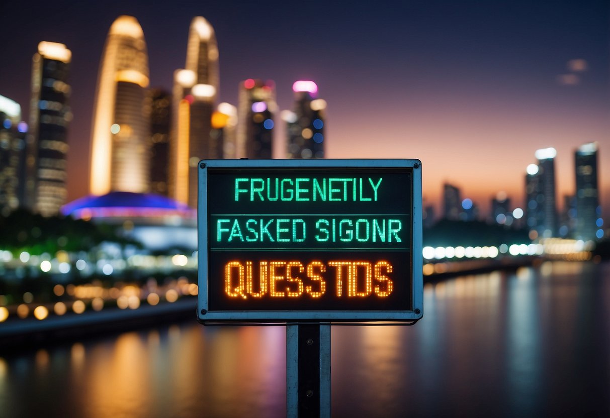 A colorful signboard with "Frequently Asked Questions" in bold letters, set against the backdrop of the iconic Singapore skyline