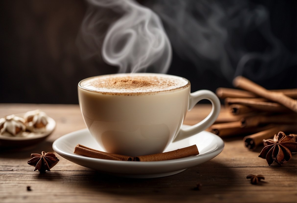 A steaming chai tea latte sits on a wooden table, surrounded by cinnamon sticks and a sprinkle of nutmeg