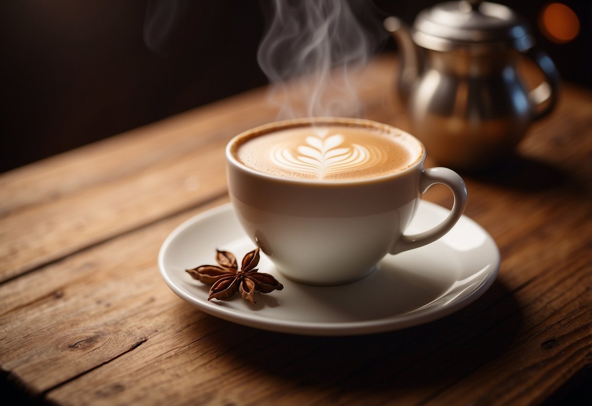 A steaming chai tea latte sits on a rustic wooden table, surrounded by warm, inviting colors and cozy ambiance