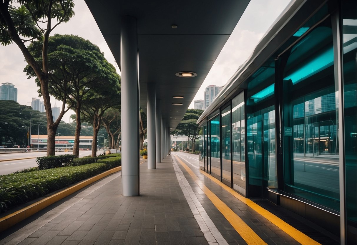 A row of modern, sleek bus stops line the bustling streets of Singapore, featuring clean lines and vibrant signage