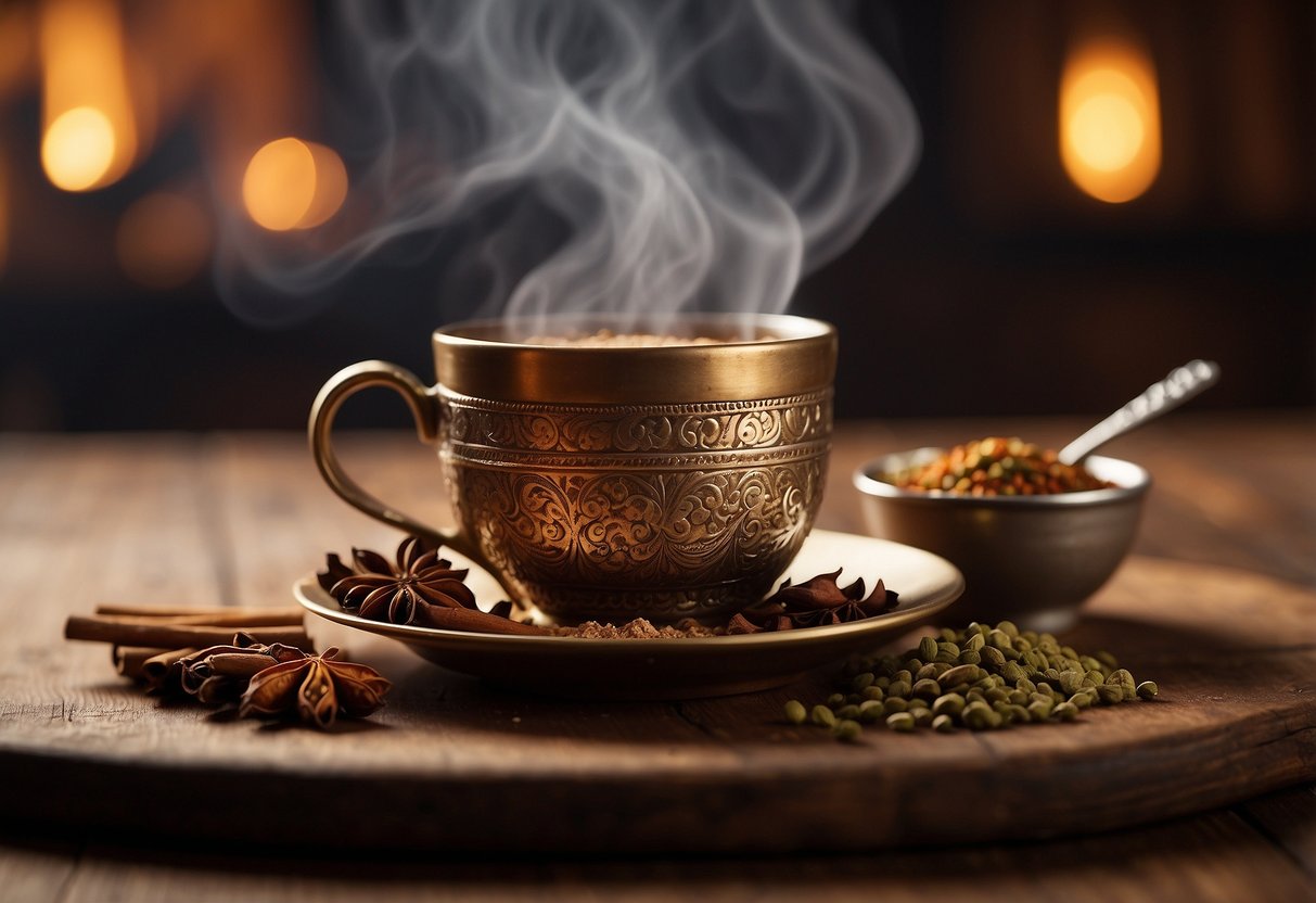 A steaming cup of chai tea sits on a rustic wooden table, surrounded by vibrant Indian spices and traditional tea leaves