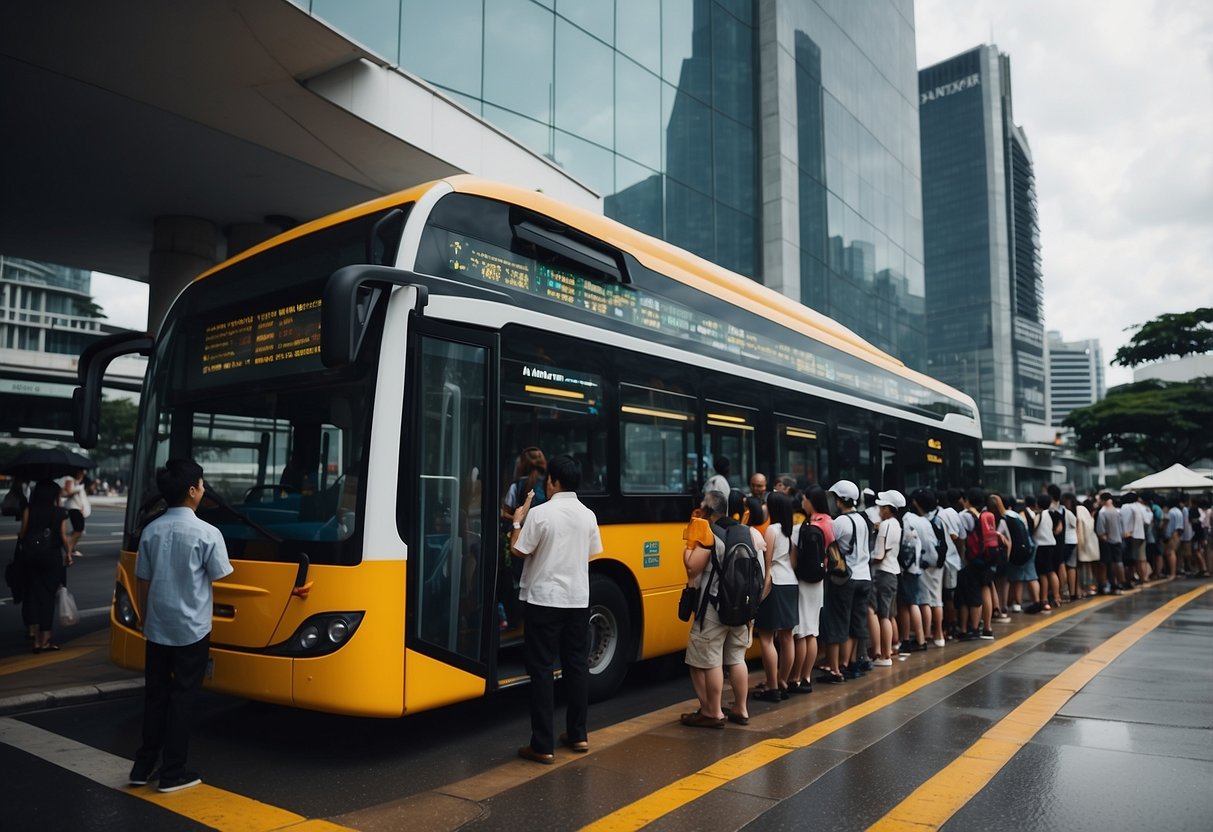 A bustling Singapore bus stop with a queue of people, a digital display showing bus arrival times, and a sheltered waiting area