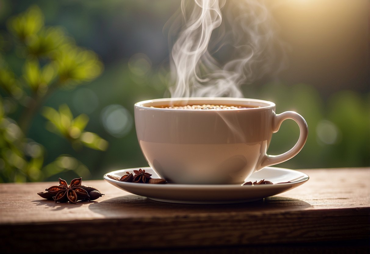A steaming cup of chai tea sits on a table, surrounded by digestive herbs and spices. A gentle steam rises from the cup, suggesting its soothing effects on digestion