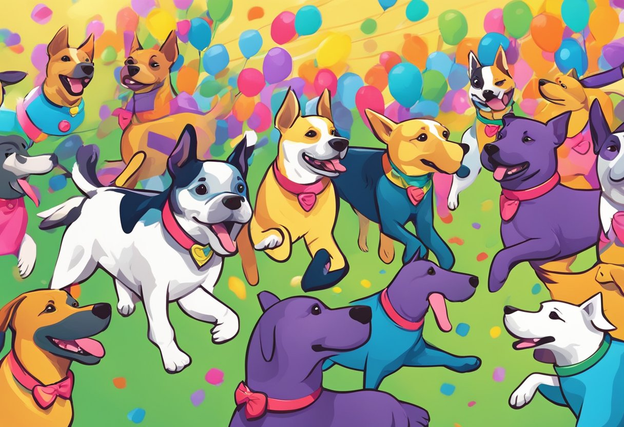 A colorful party with lively dogs running and playing with vibrant name tags
