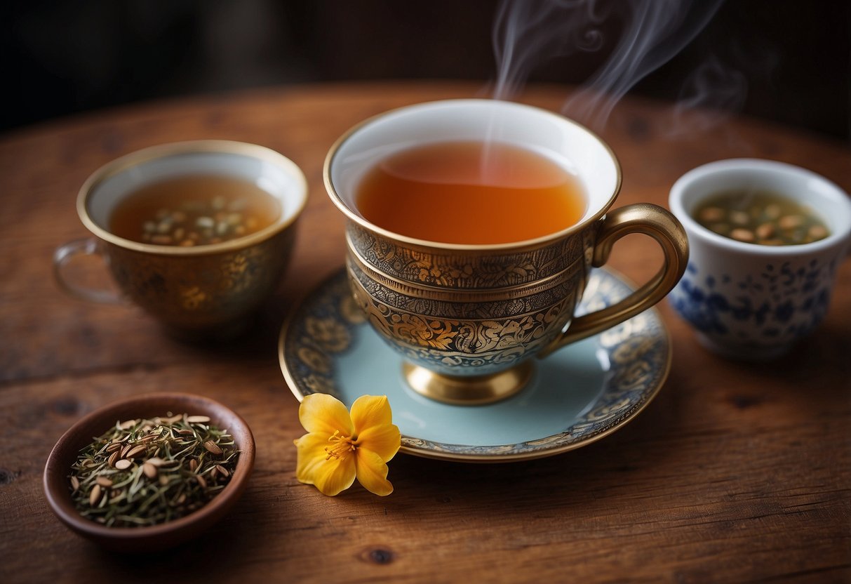 A steaming cup of herbal tea faces off against a bold traditional chai tea, both sitting on a rustic wooden table