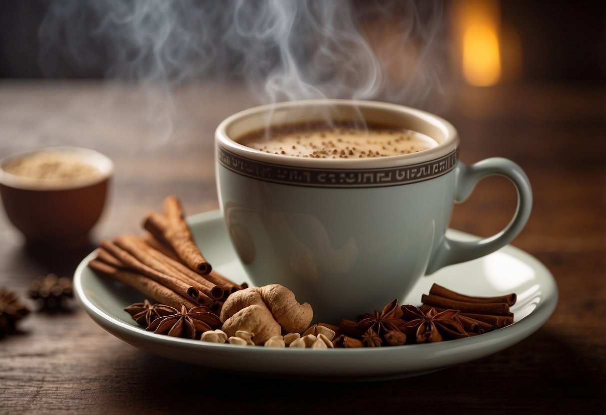 A steaming cup of chai surrounded by ingredients like ginger, cinnamon, and cardamom, with a subtle hint of a digestive effect