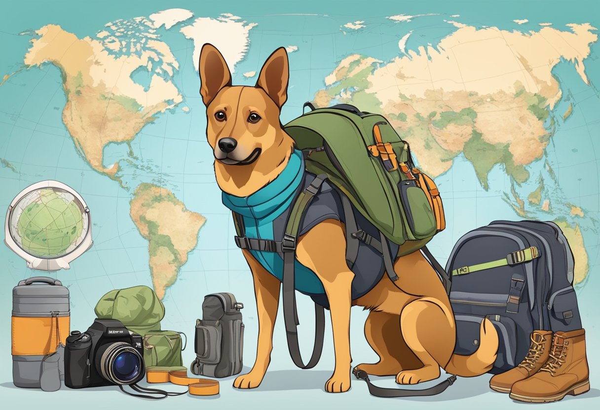 A dog wearing a backpack stands in front of a world map, surrounded by adventure gear like a compass, hiking boots, and a camera