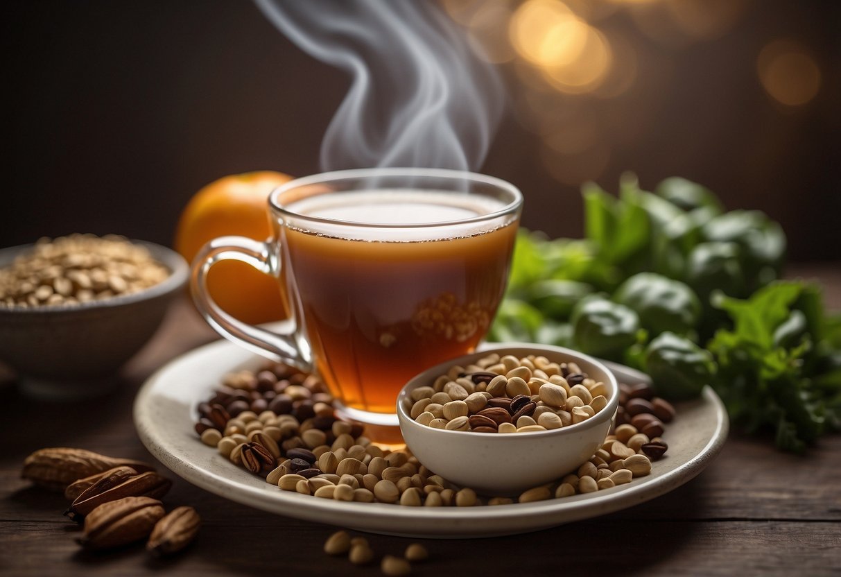 A steaming cup of chai tea sits next to a bowl of fiber-rich foods, like fruits and vegetables. A sign reads "Dietary Considerations and Chai Tea Consumption."