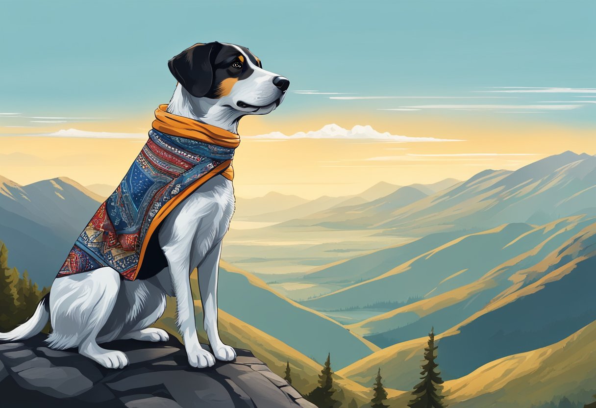 A dog with a bandana around its neck stands on a mountain peak, looking out at a vast, adventurous landscape