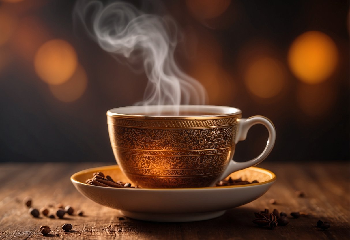 A steaming cup of chai tea sits on a wooden table, surrounded by warm, inviting colors. The aroma of spices wafts through the air, creating a sense of comfort and relaxation