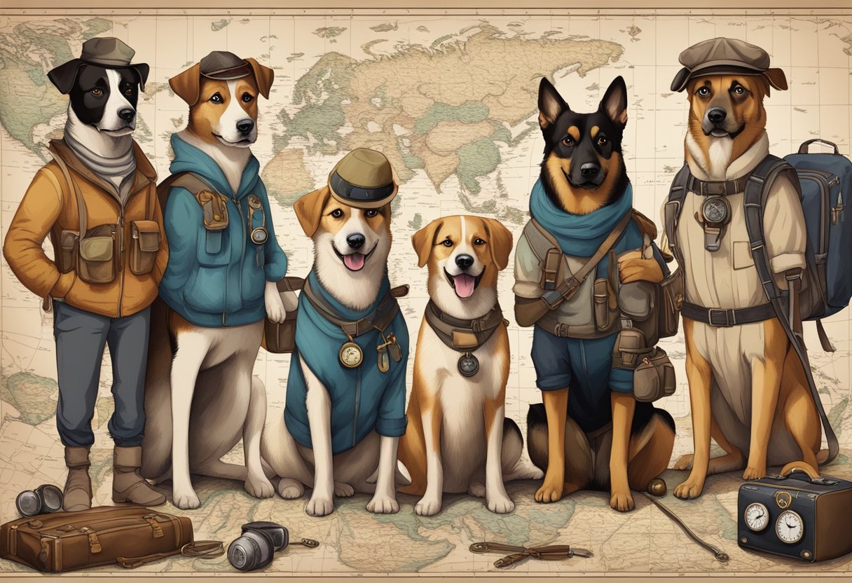 A group of dogs with adventurous expressions stand in front of a vintage map, surrounded by travel gear and compasses