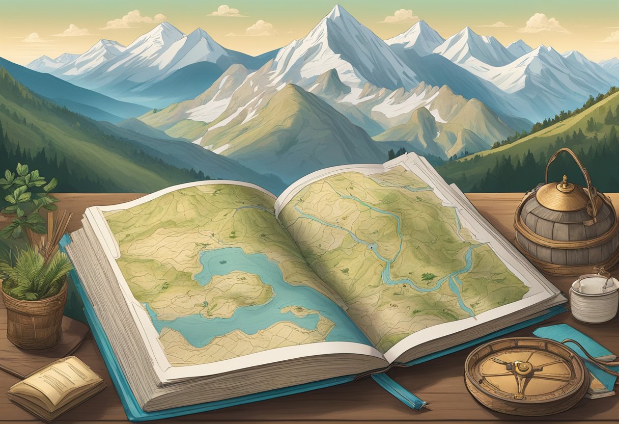 A rugged mountain range looms in the distance, with winding trails leading to adventure. A map of exotic locales and travel destinations lies open on a table, surrounded by dog-eared guidebooks