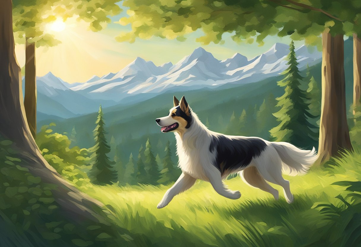 A dog running through a lush, green forest, with sunlight streaming through the trees. The dog's fur is ruffled by a gentle breeze, and in the distance, a mountain peak rises majestically
