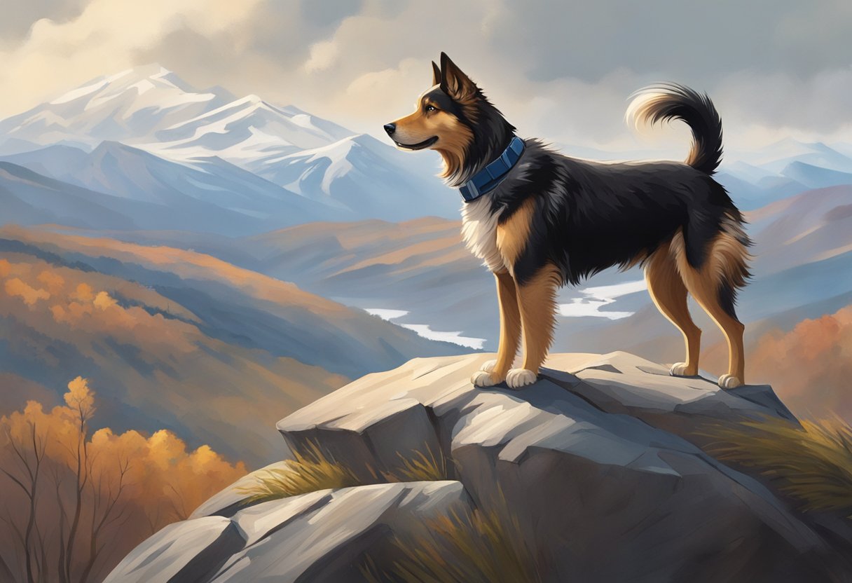 A brave dog stands atop a rugged mountain peak, gazing out at a vast and unexplored wilderness. The wind whips through its fur as it eagerly awaits the next thrilling adventure