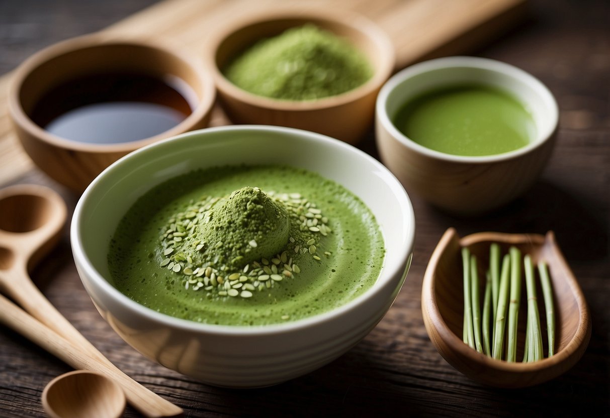 Vibrant green matcha powder swirls in a ceramic bowl, surrounded by bamboo whisk, spoon, and traditional tea utensils