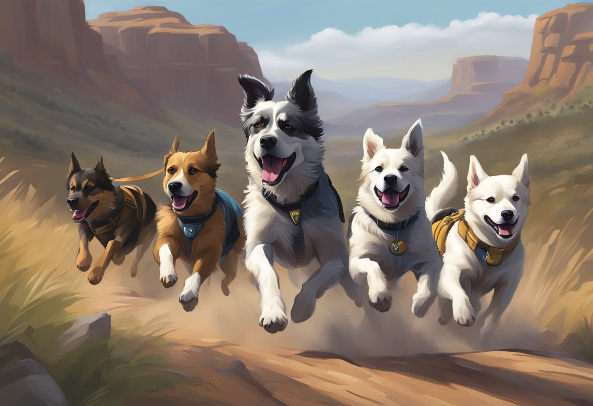 A pack of dogs running through a rugged landscape, with names like Maverick, Scout, and Blaze echoing in the wind