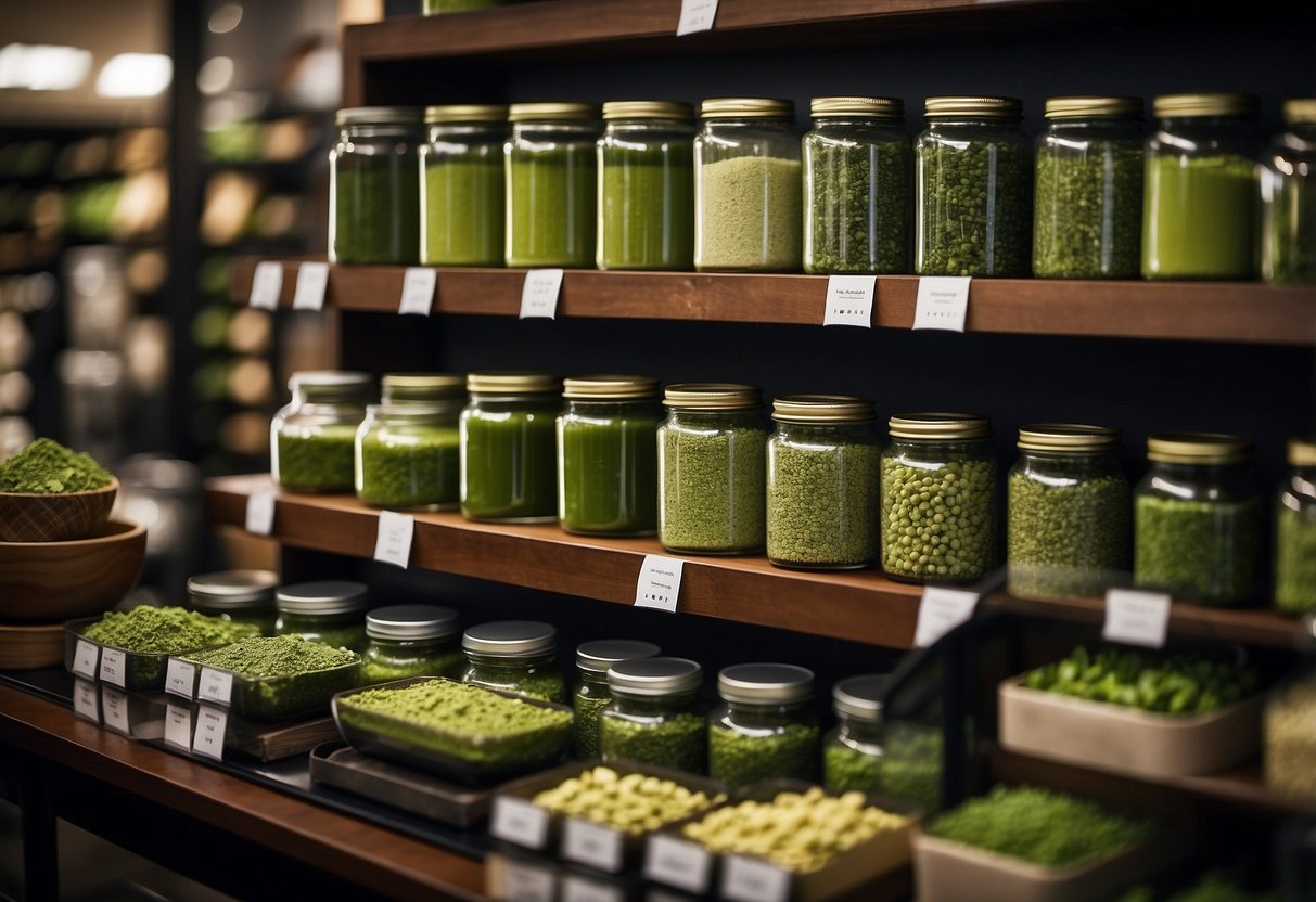 A customer selecting various types of matcha from shelves in a store