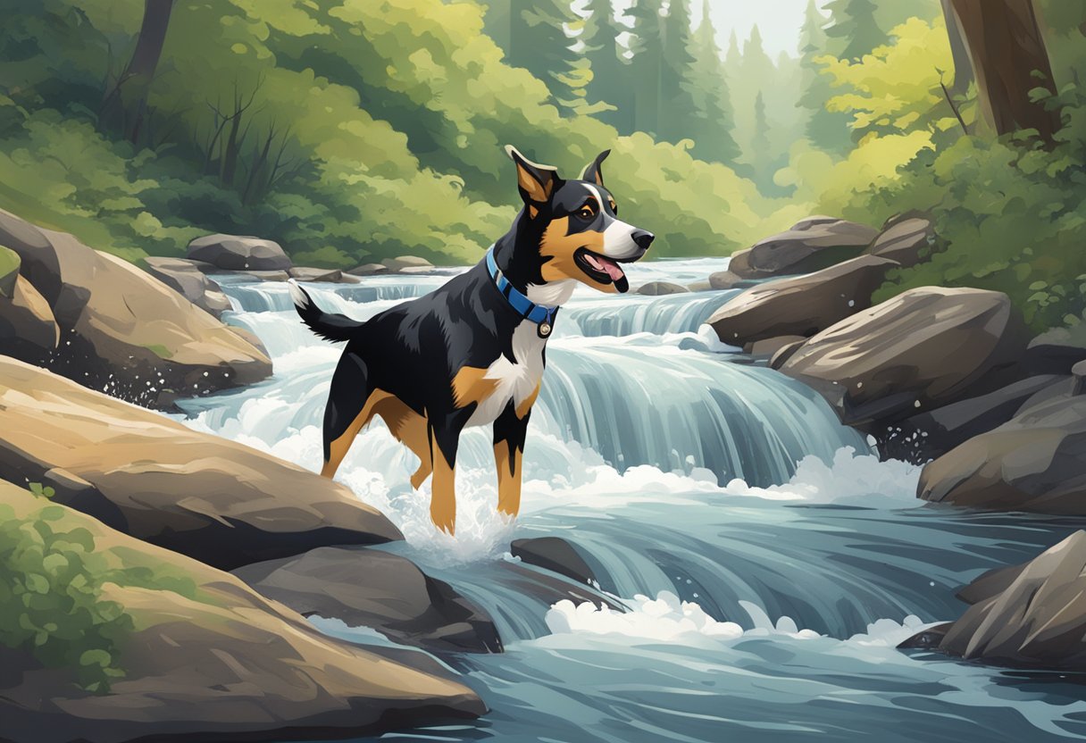 A dog splashes in a clear, flowing stream. Nearby, a signpost points to "Adventure Falls" and "River Run Trail."
