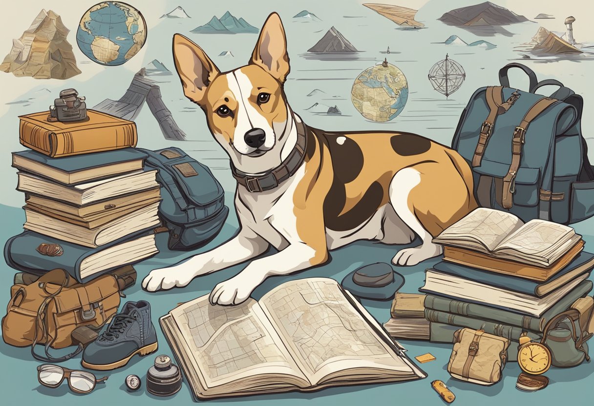 A dog surrounded by books, maps, and adventure gear, with cultural symbols and fictional references scattered around
