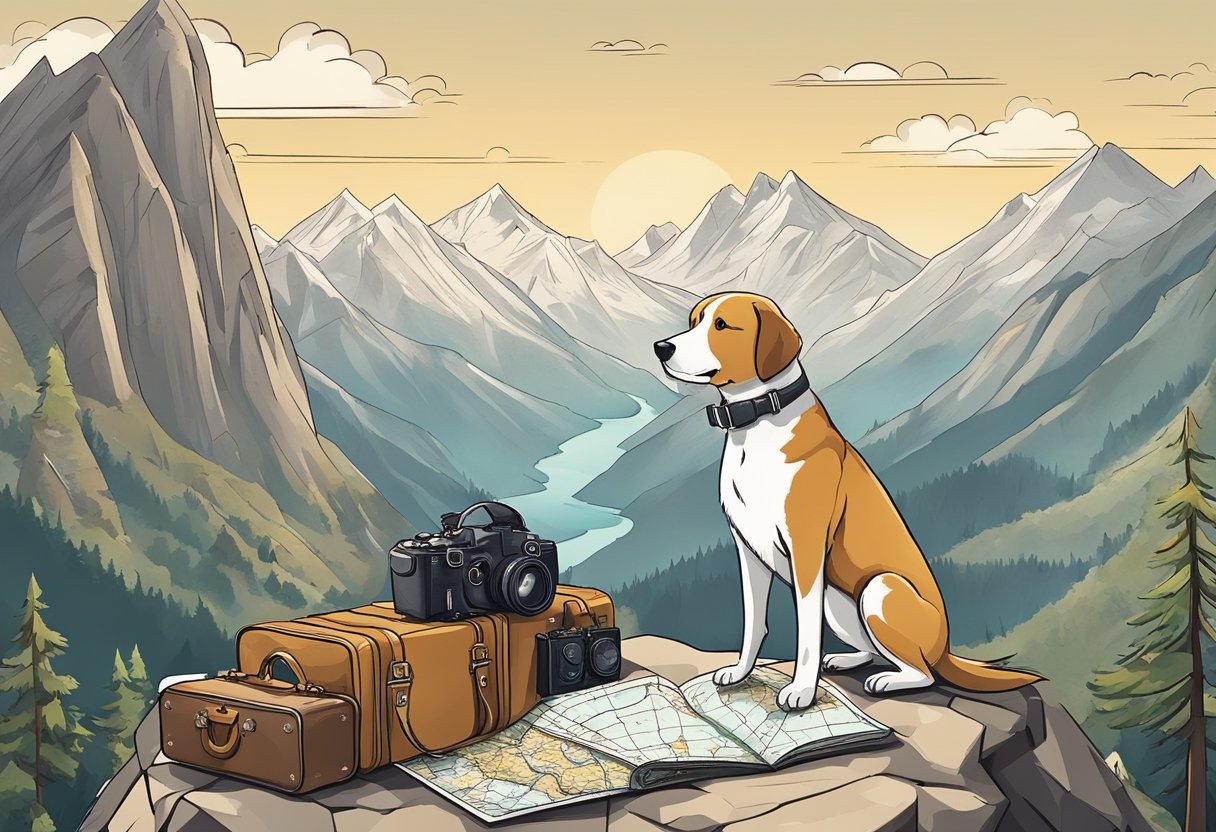 A dog standing on a mountain peak, with a map and compass at its feet, surrounded by travel and adventure-themed objects like a suitcase, hiking boots, and a camera