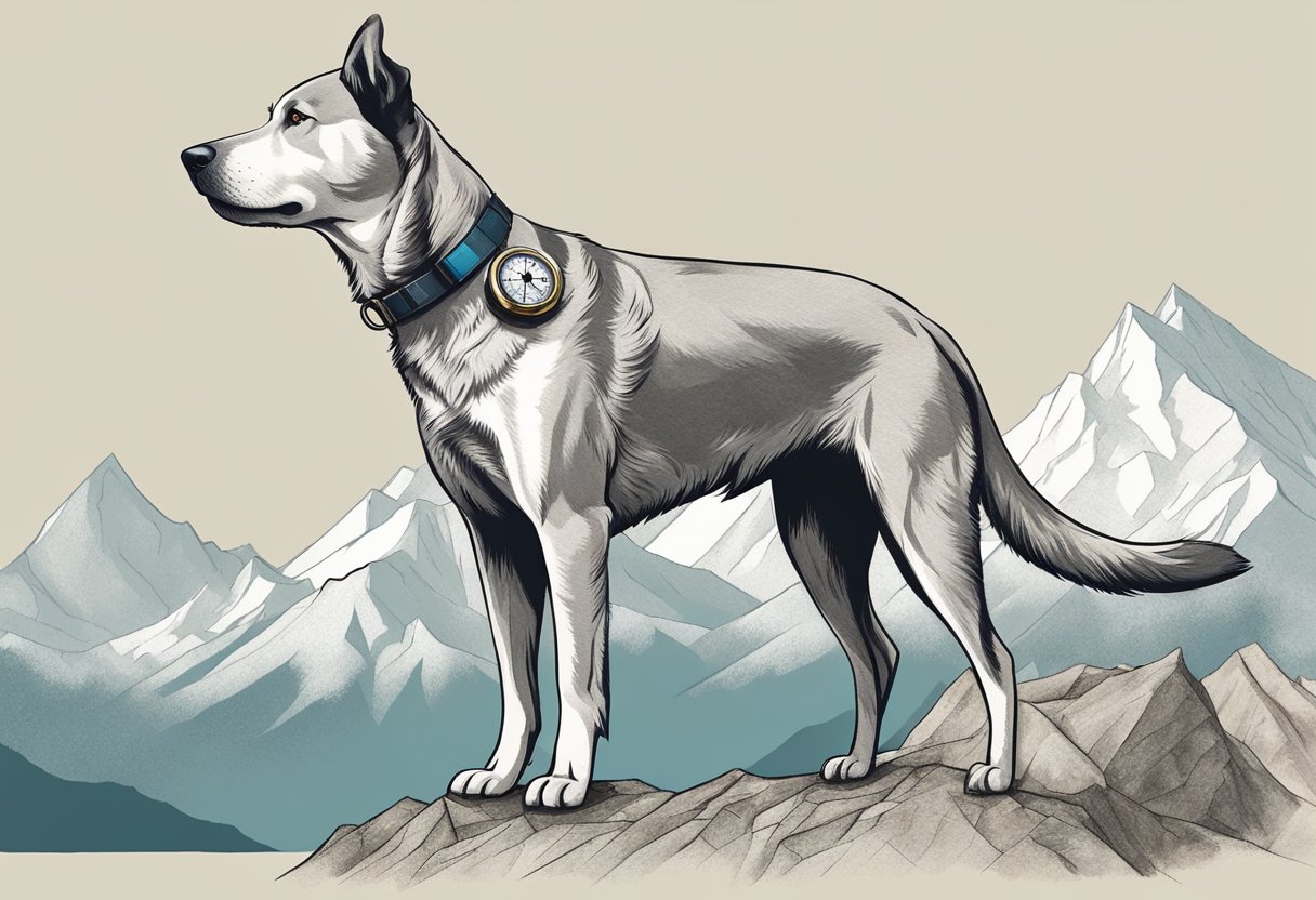 A dog standing proudly on a rugged mountain peak, with a compass in its mouth and a map spread out in front of it