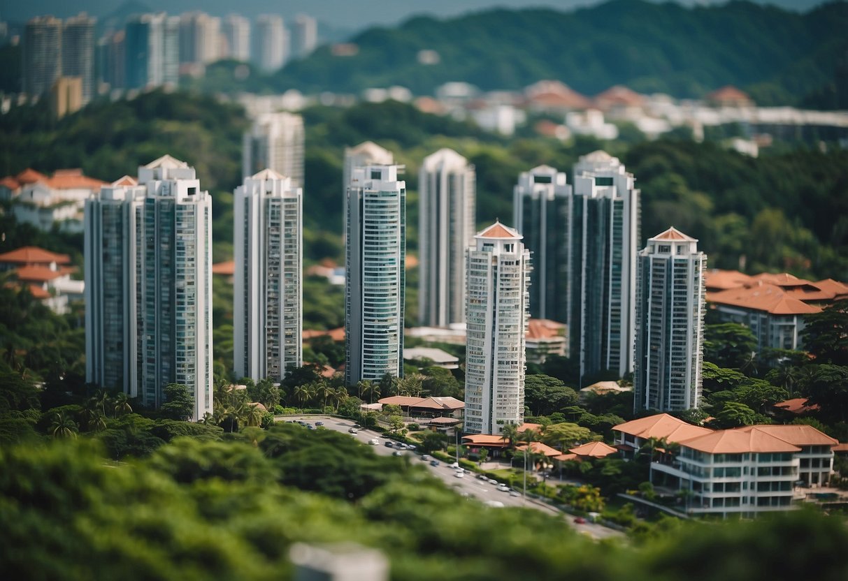 A bustling cityscape with modern high-rise buildings and lush greenery, showcasing the vibrant and competitive housing market in Singapore