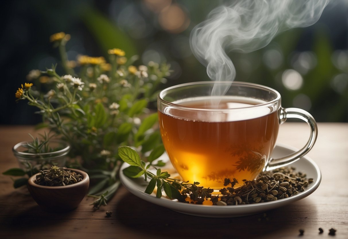 A steaming cup of herbal tea surrounded by soothing botanicals and a list of potential side effects and considerations for digestion