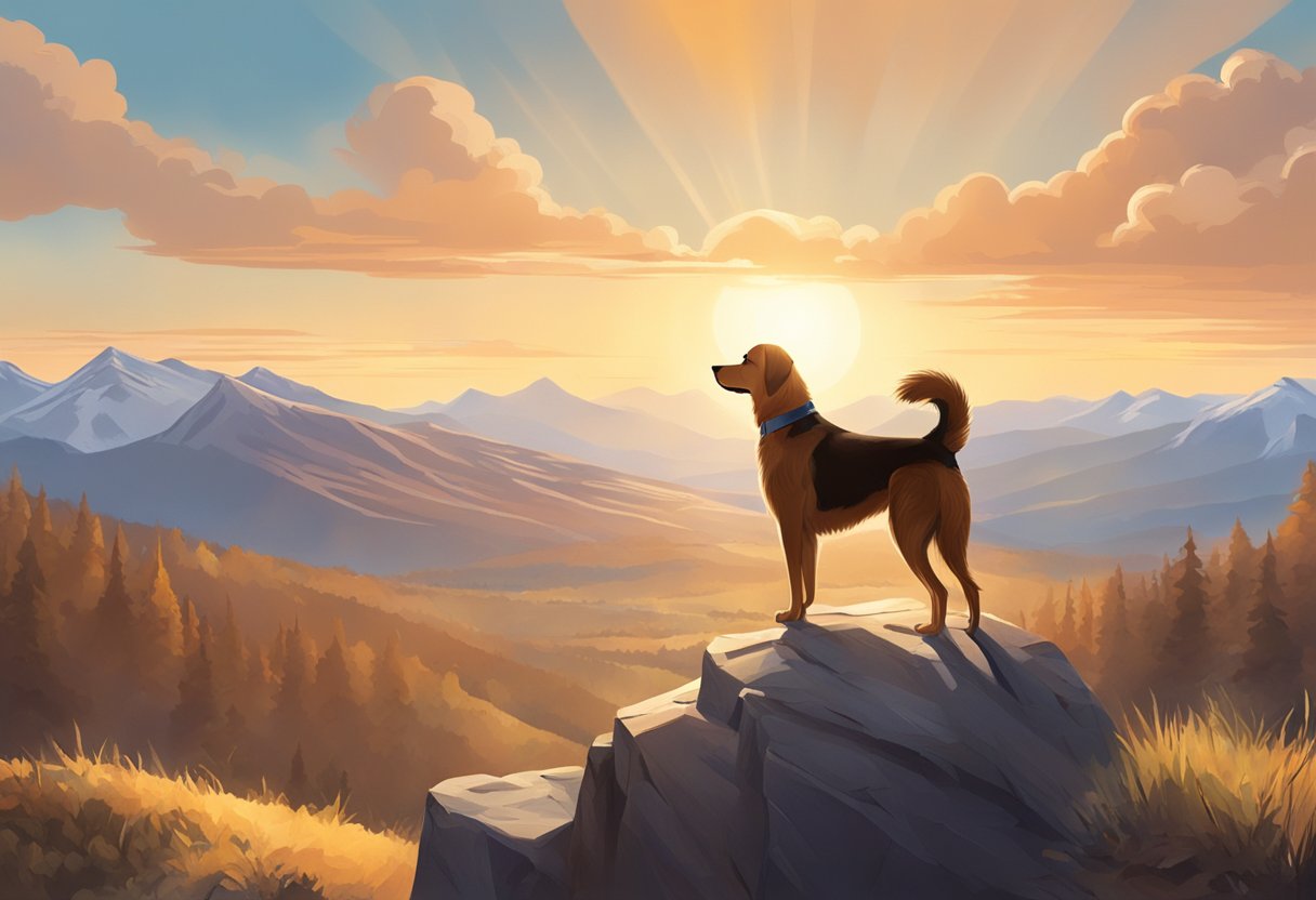 A dog stands on a mountain peak, surrounded by a vast, rugged landscape. The sky is clear and the sun is shining, casting a warm glow over the scene
