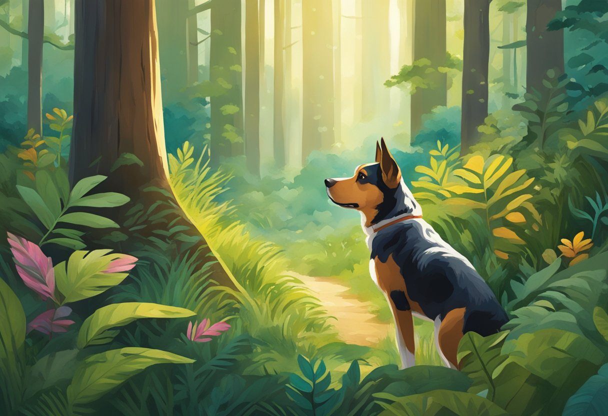 A dog stands in a lush forest, surrounded by towering trees and vibrant wildlife. Its eyes are bright with curiosity and its tail wags with excitement, embodying the spirit of a nature and discovery explorer