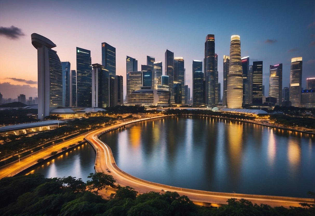 A bustling Singapore cityscape with iconic housing developments, surrounded by graphs and charts showing fluctuating price trends over time