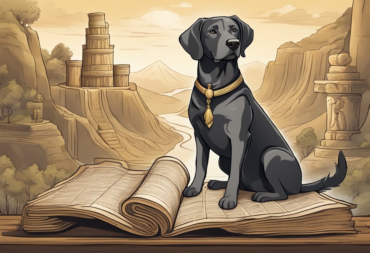 A dog standing proudly next to a stack of ancient scrolls, with a map of mythical lands in the background