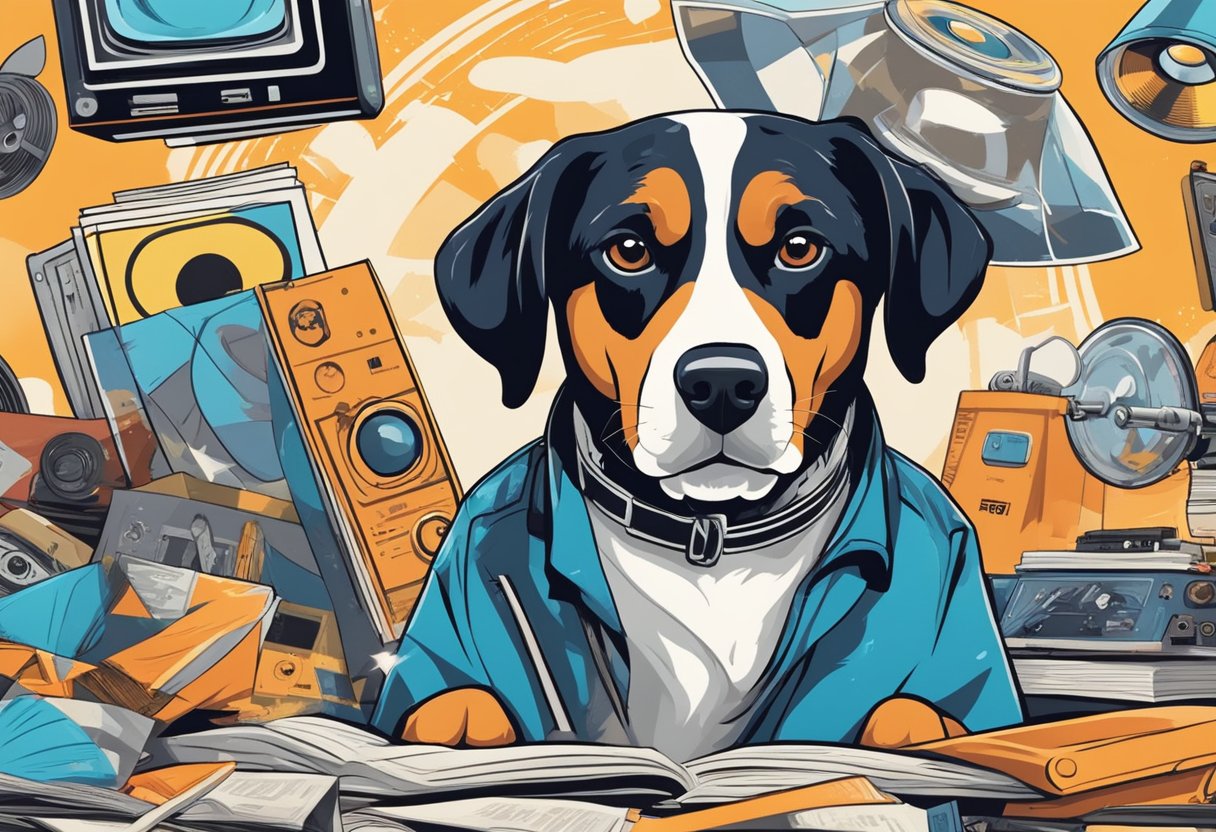 A dog surrounded by iconic pop culture and media symbols, such as movie posters, vinyl records, and comic books, with a playful expression on its face