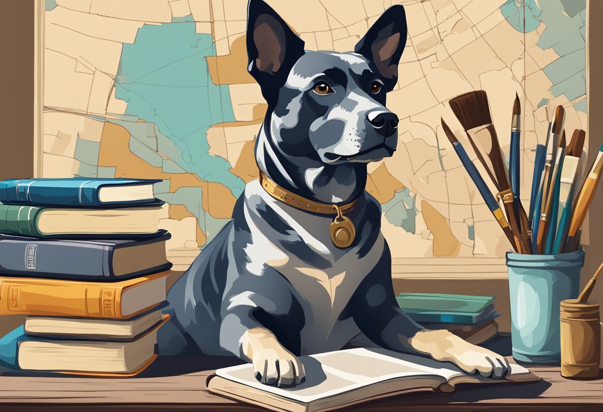 A dog sitting next to a stack of classic literature books, with a paint palette and brush nearby, surrounded by art supplies and a map of famous artistic locations