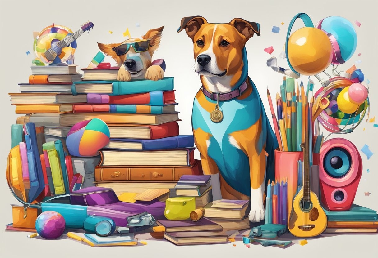 A colorful and vibrant dog surrounded by various objects that reflect different personalities, such as books, art supplies, and musical instruments