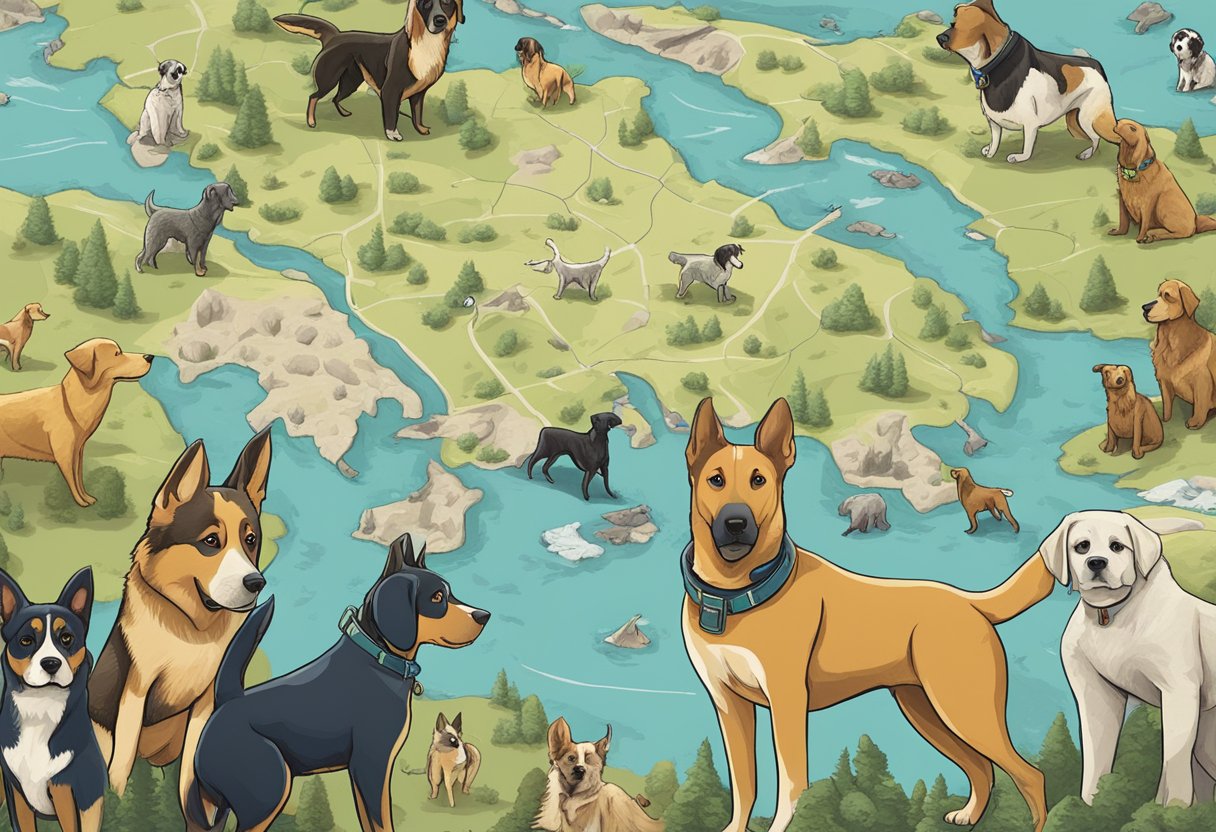 A group of dogs with explorer-inspired names gather around a map, looking adventurous and curious